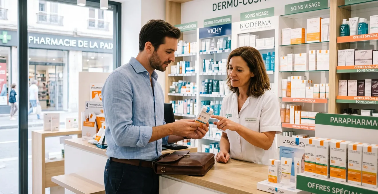 Commercial terrain présentant un produit dermo-cosmétique à une pharmacienne derrière le comptoir d'une officine française moderne, interaction professionnelle collaborative