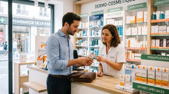 Commercial terrain présentant un produit dermo-cosmétique à une pharmacienne derrière le comptoir d'une officine française moderne, interaction professionnelle collaborative