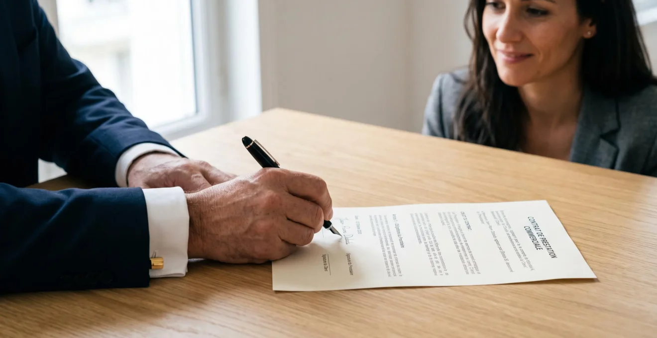 Main d'un directeur commercial signant un contrat de prestation commerciale sur un bureau contemporain, engagement contractuel formalisé