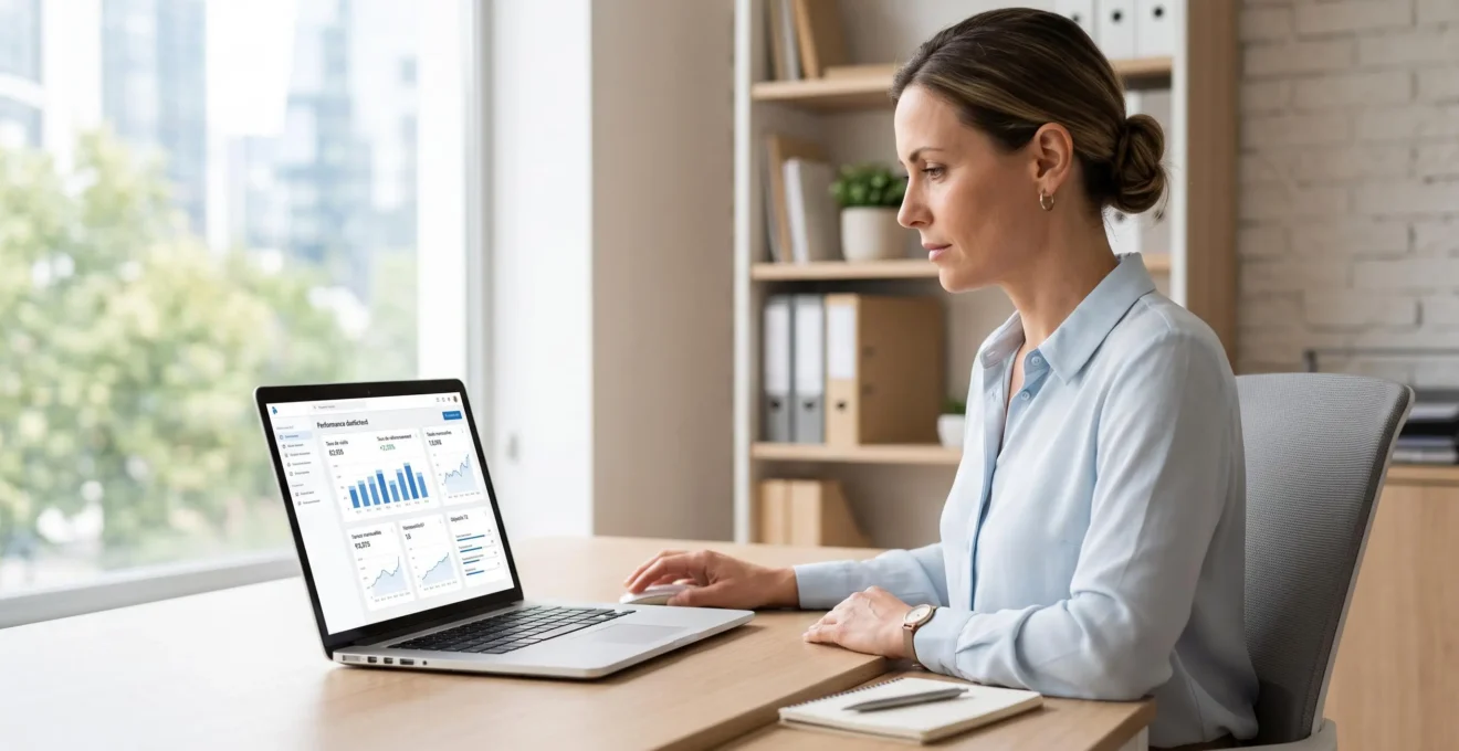 Responsable commerciale analysant un tableau de bord de performance terrain sur son écran, pilotage et suivi des KPI