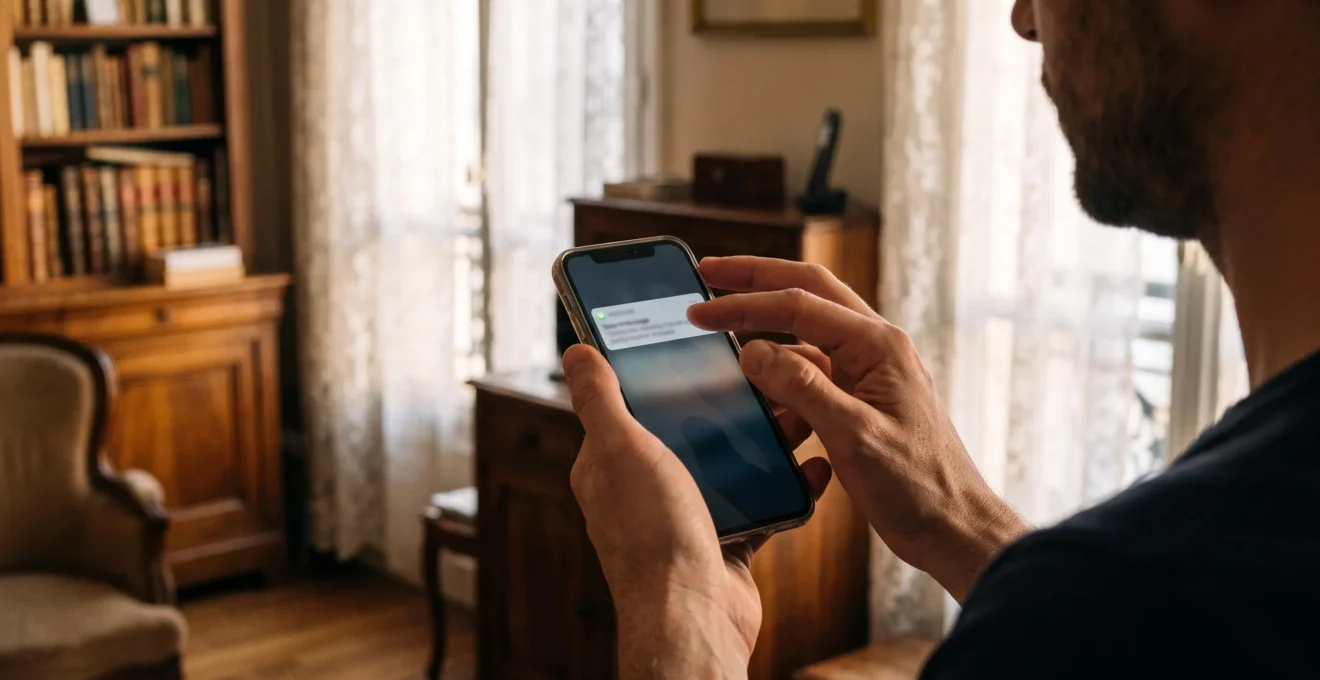 Un homme tient son smartphone et consulte une notification de message.
