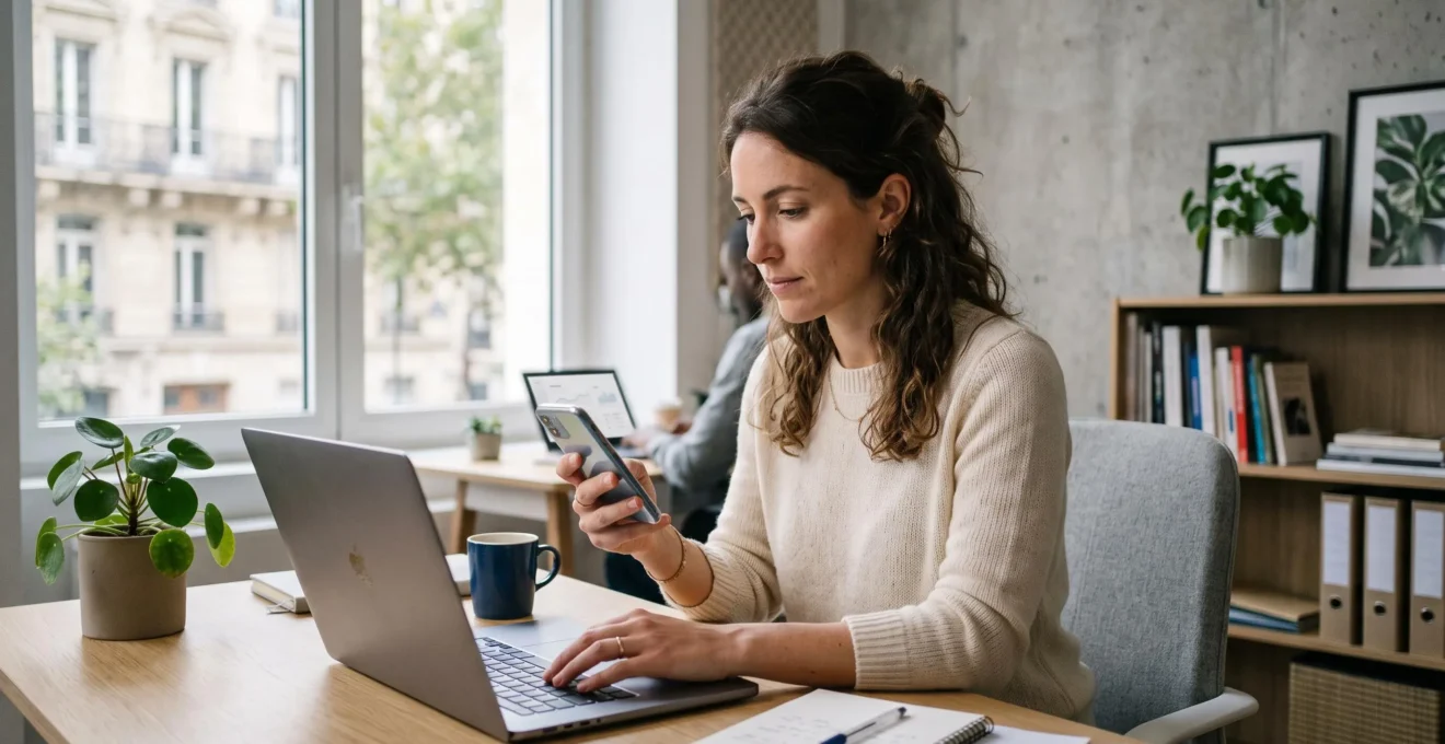 Une marketeuse consulte un message SMS sur son smartphone au bureau.